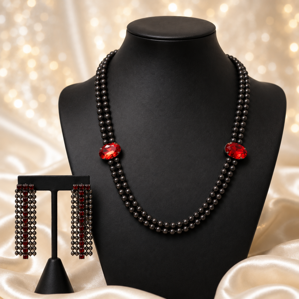 Vintage JULIANA Red Rhinestone Ball Chain Double Swag Necklace Earrings IIJJ#5638