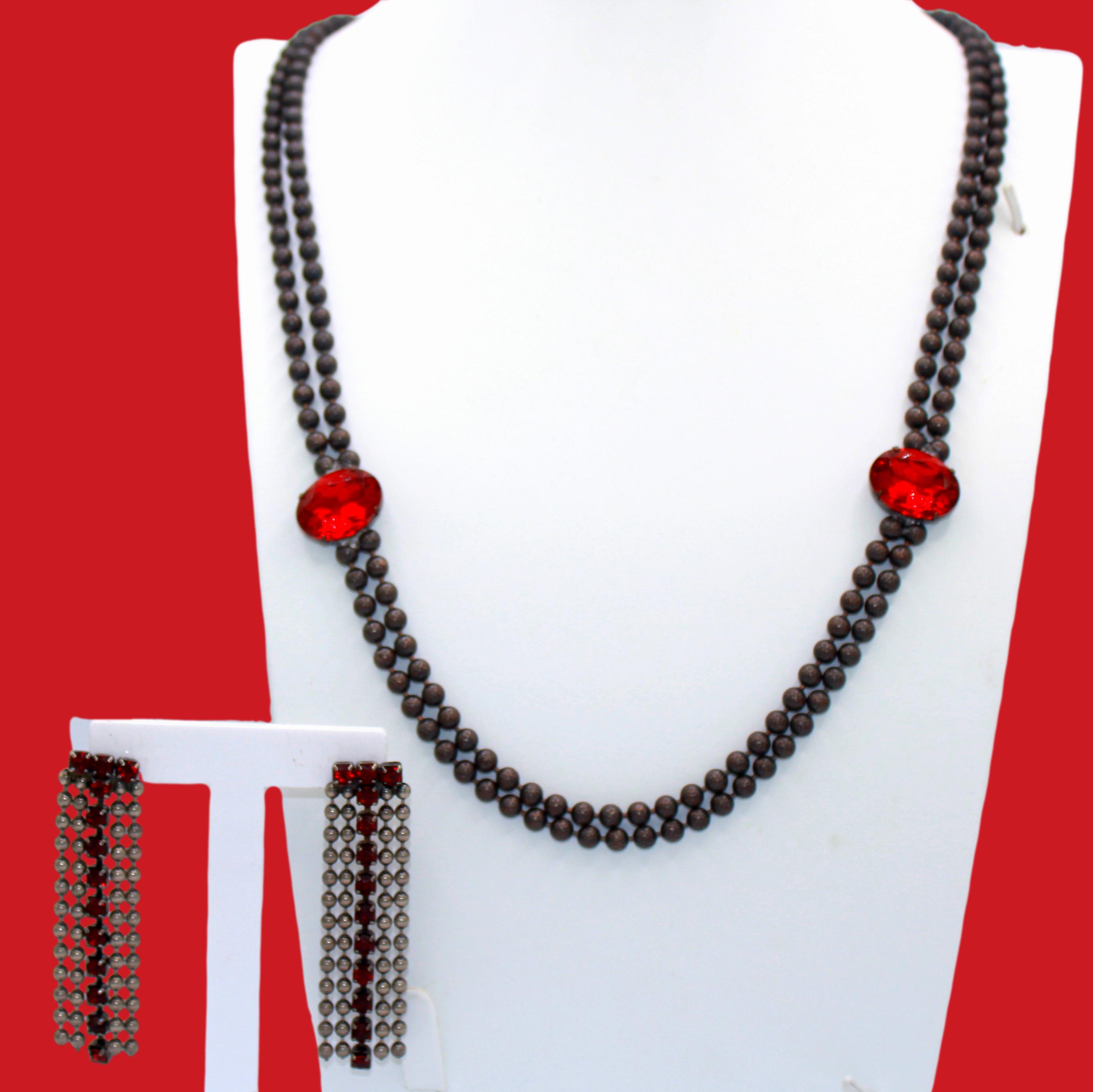 Vintage JULIANA Red Rhinestone Ball Chain Double Swag Necklace Earrings IIJJ#5638