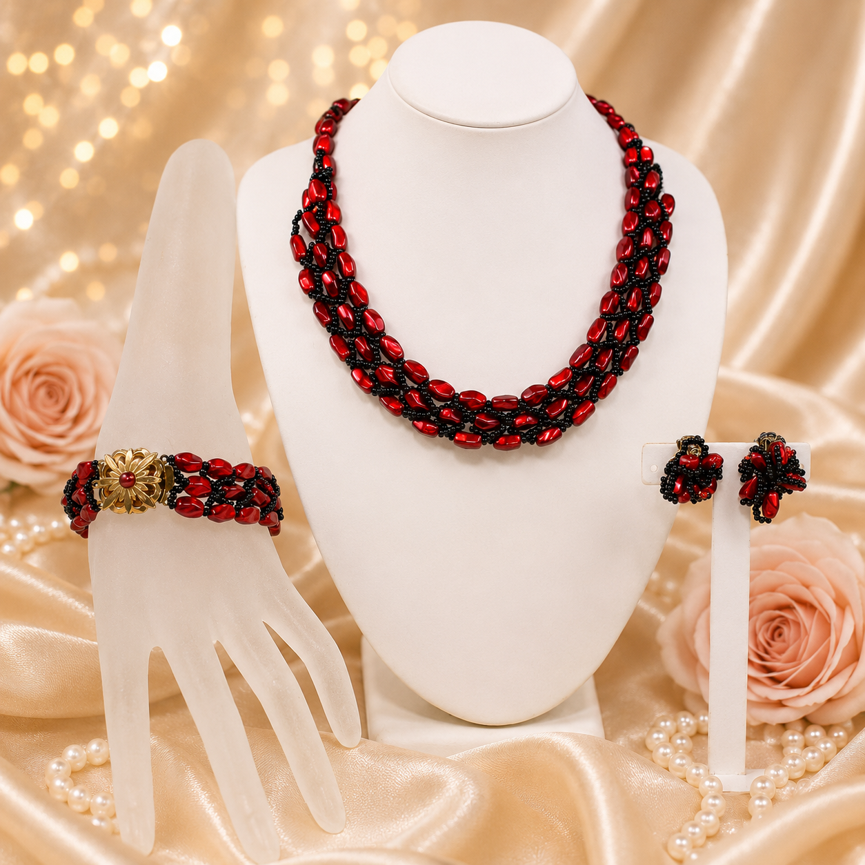 Vintage Cranberry Red Black Braided Bead Necklace Bracelet Earrings Parure