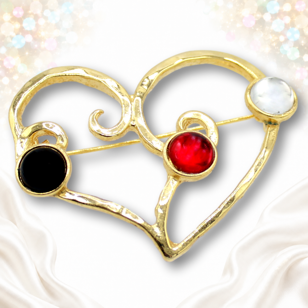 Vintage Juliana Open Heart Brooch Figural Black Red White Cabochons IIJJ#9240