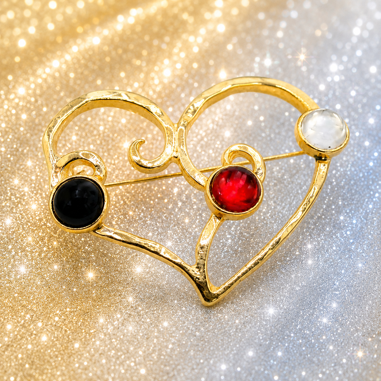 Vintage Juliana Open Heart Brooch Figural Black Red White Cabochons IIJJ#9240