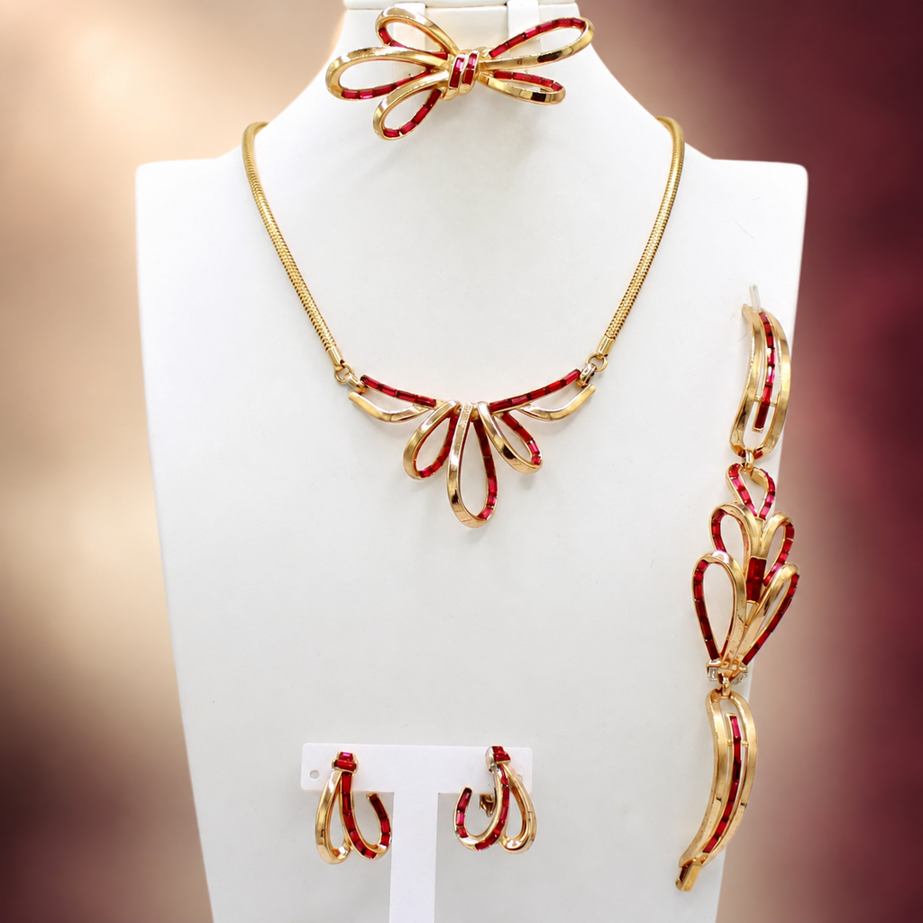 Vintage Crown Trifari 1954 Carousel Red Baguette Rhinestone 4-Piece Parure Alfred Philippe