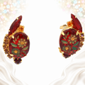 Detail of red flower oval glass Juliana clip earrings with topaz rhinestones