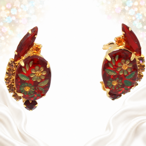 Detail of red flower oval glass Juliana clip earrings with topaz rhinestones