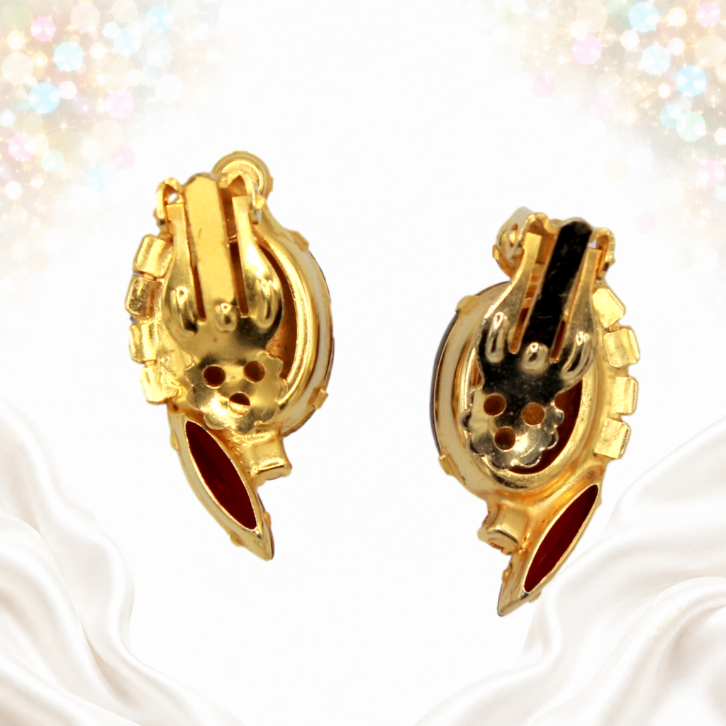 Reverse of Juliana red flower oval rhinestone clip earrings