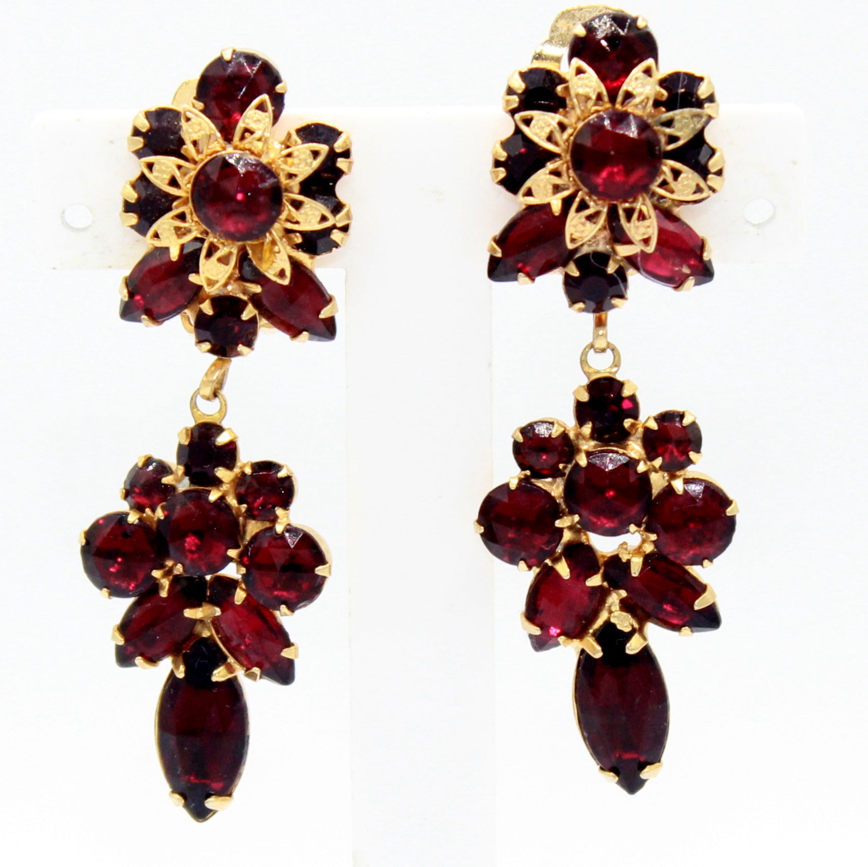 Vintage Juliana Red Rhinestone Dangle Clip Earrings Filigree Flowers IIJJ#9316