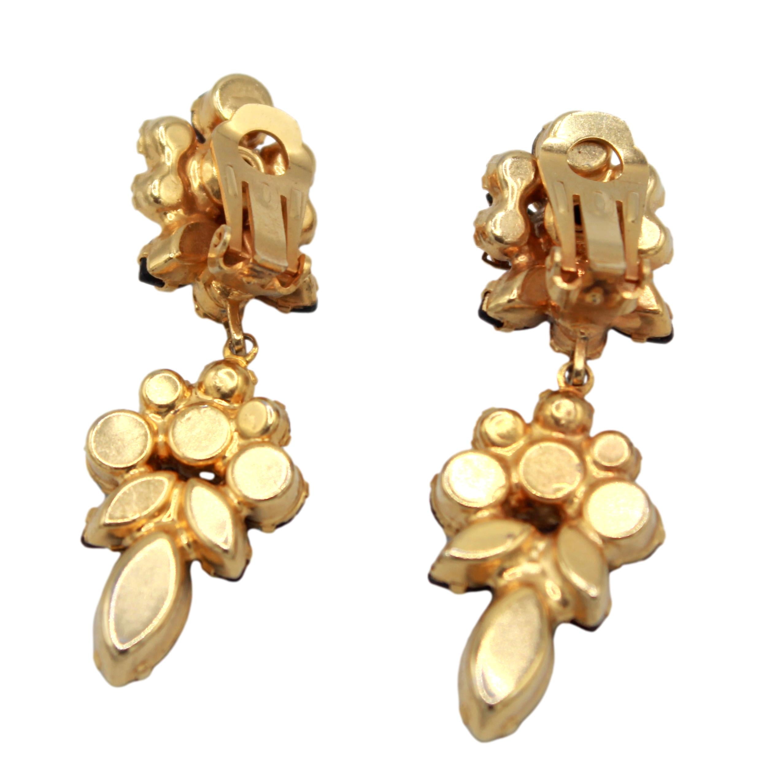 Vintage Juliana Red Rhinestone Dangle Clip Earrings Filigree Flowers IIJJ#9316