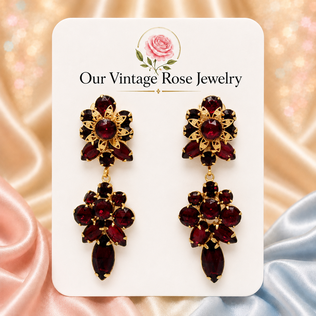 Vintage Juliana Red Rhinestone Dangle Clip Earrings Filigree Flowers IIJJ#9316