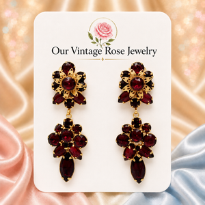 Vintage Juliana Red Rhinestone Dangle Clip Earrings Filigree Flowers IIJJ#9316