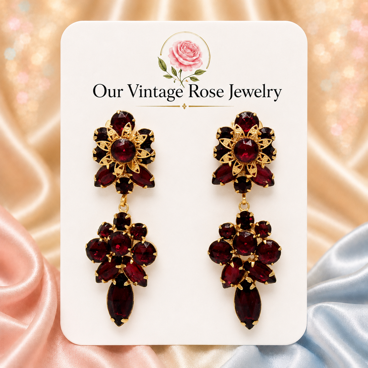 Vintage Juliana Red Rhinestone Dangle Clip Earrings Filigree Flowers IIJJ#9316
