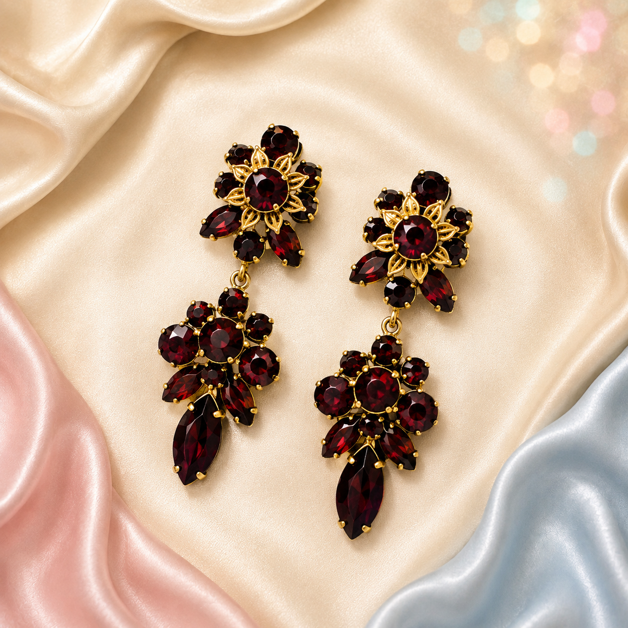 Vintage Juliana Red Rhinestone Dangle Clip Earrings Filigree Flowers IIJJ#9316