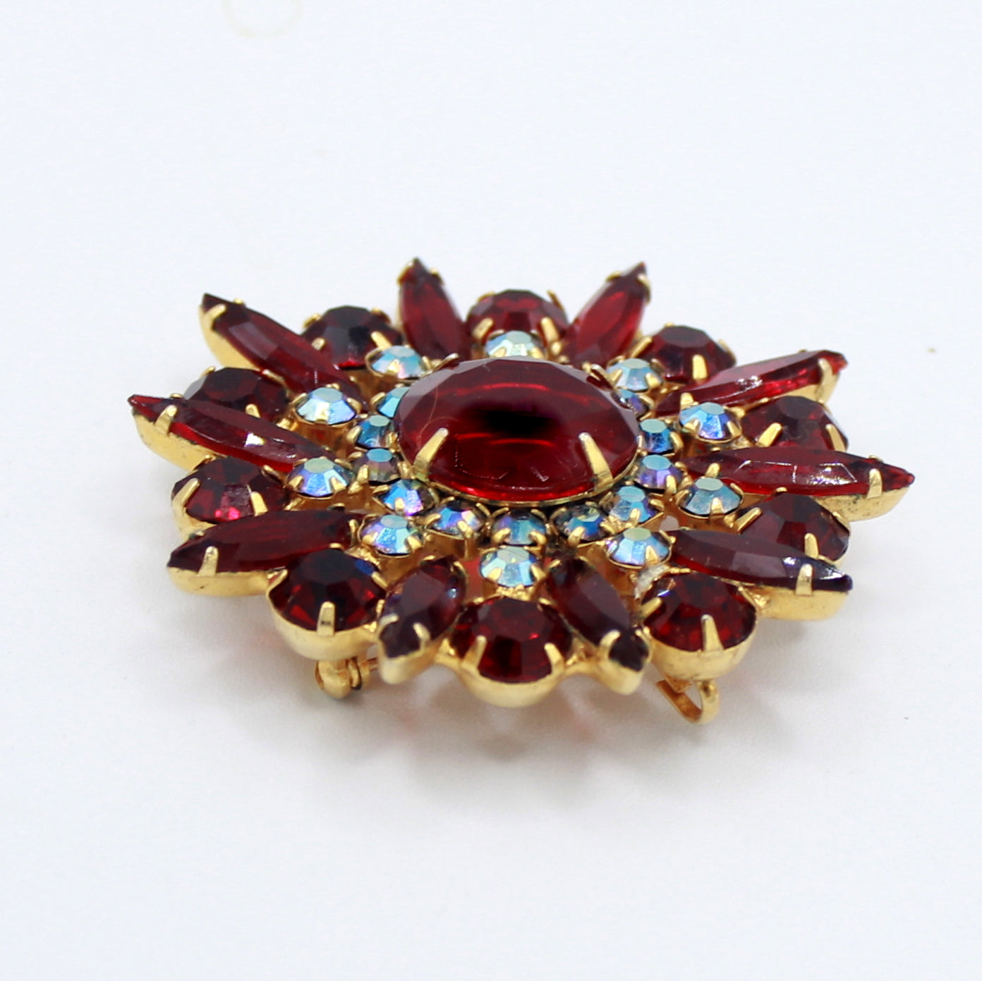 Vintage JULIANA Red AB Rhinestone Sun Rays Brooch Pendant  IIJJ#9053