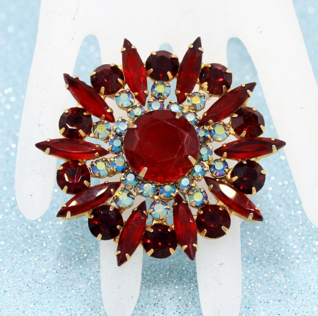 Vintage JULIANA Red AB Rhinestone Sun Rays Brooch Pendant  IIJJ#9053