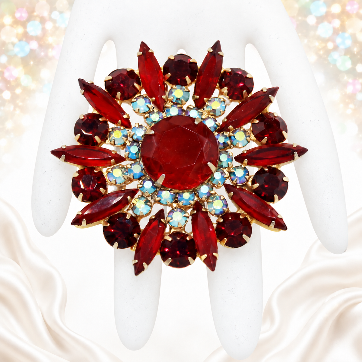 Vintage JULIANA Red AB Rhinestone Sun Rays Brooch Pendant  IIJJ#9053