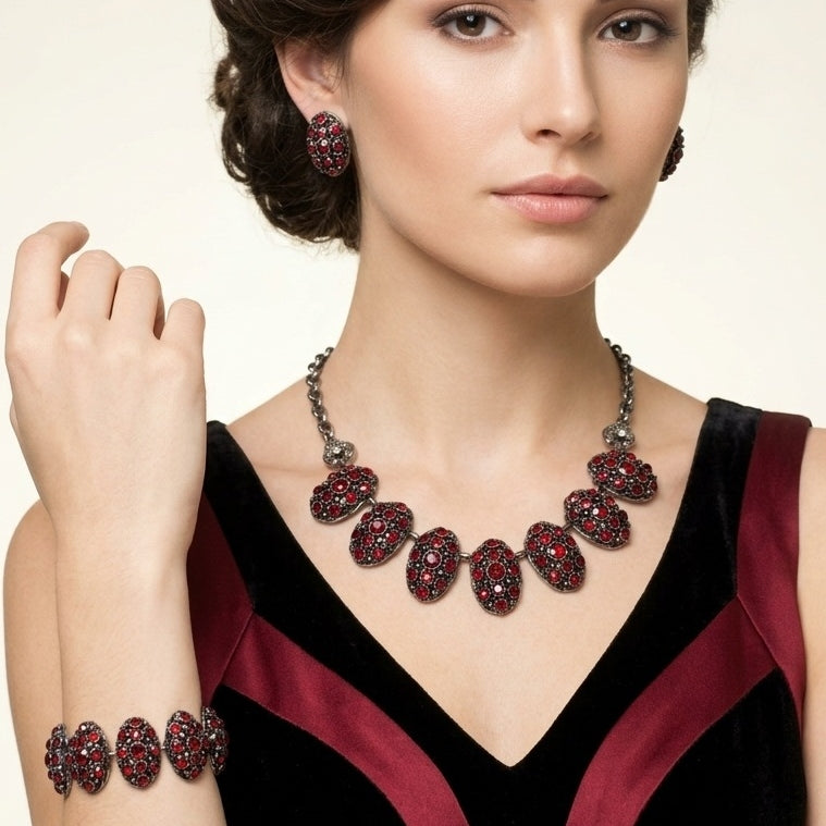 Vintage SELRO Red Rhinestone Fancy Metal Necklace Bracelet Earrings Confirmed
