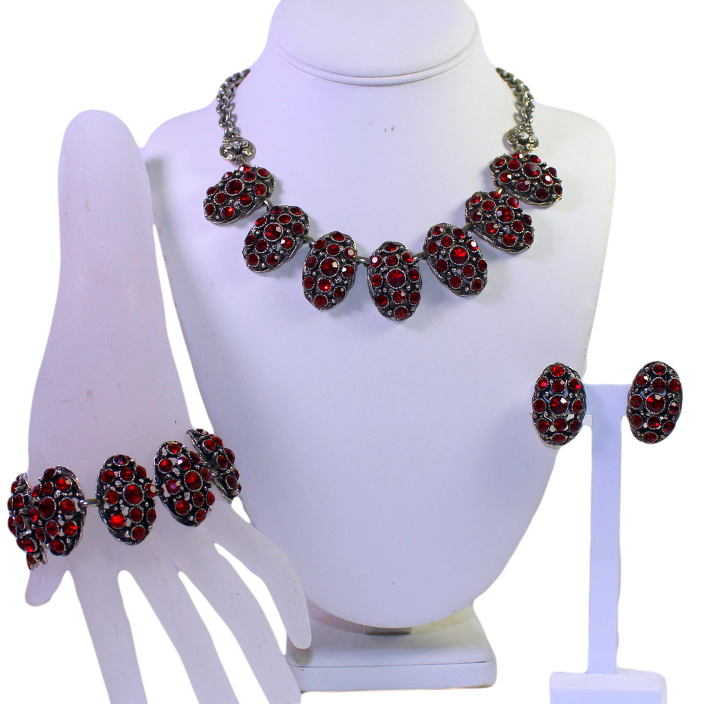 Vintage SELRO Red Rhinestone Fancy Metal Necklace Bracelet Earrings Confirmed