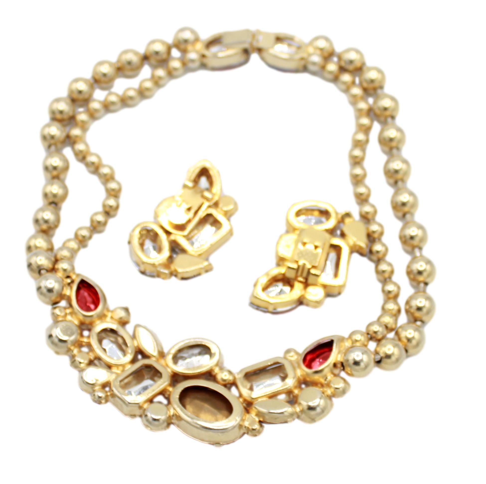 Vintage JULIANA Red Watermelon Rivoli Rhinestone Ball Chain Necklace Dress Clips IIJJ#6405