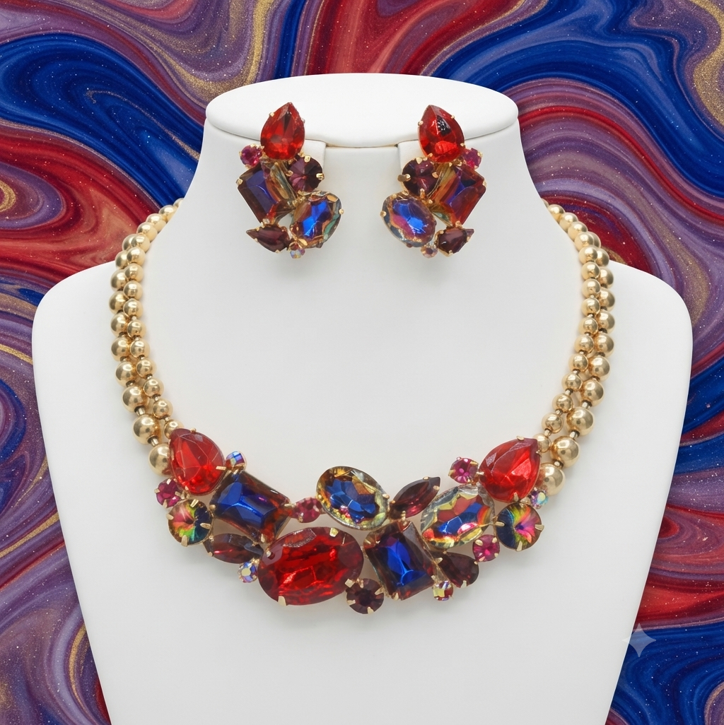 Vintage JULIANA Red Watermelon Rivoli Rhinestone Ball Chain Necklace Dress Clips IIJJ#6405
