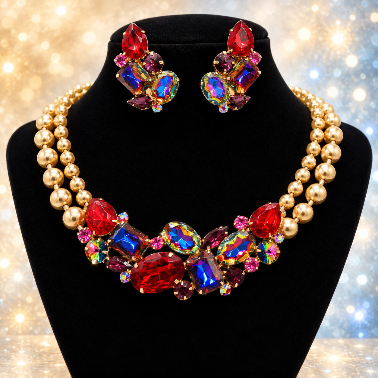 Vintage JULIANA Red Watermelon Rivoli Rhinestone Ball Chain Necklace Dress Clips IIJJ#6405