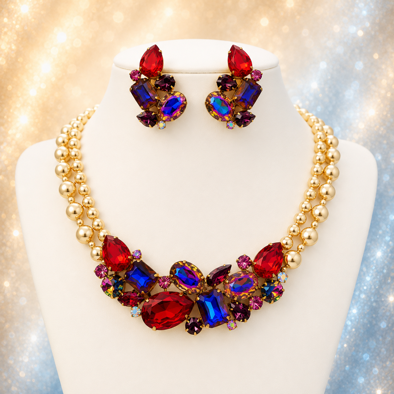 Vintage JULIANA Red Watermelon Rivoli Rhinestone Ball Chain Necklace Dress Clips IIJJ#6405