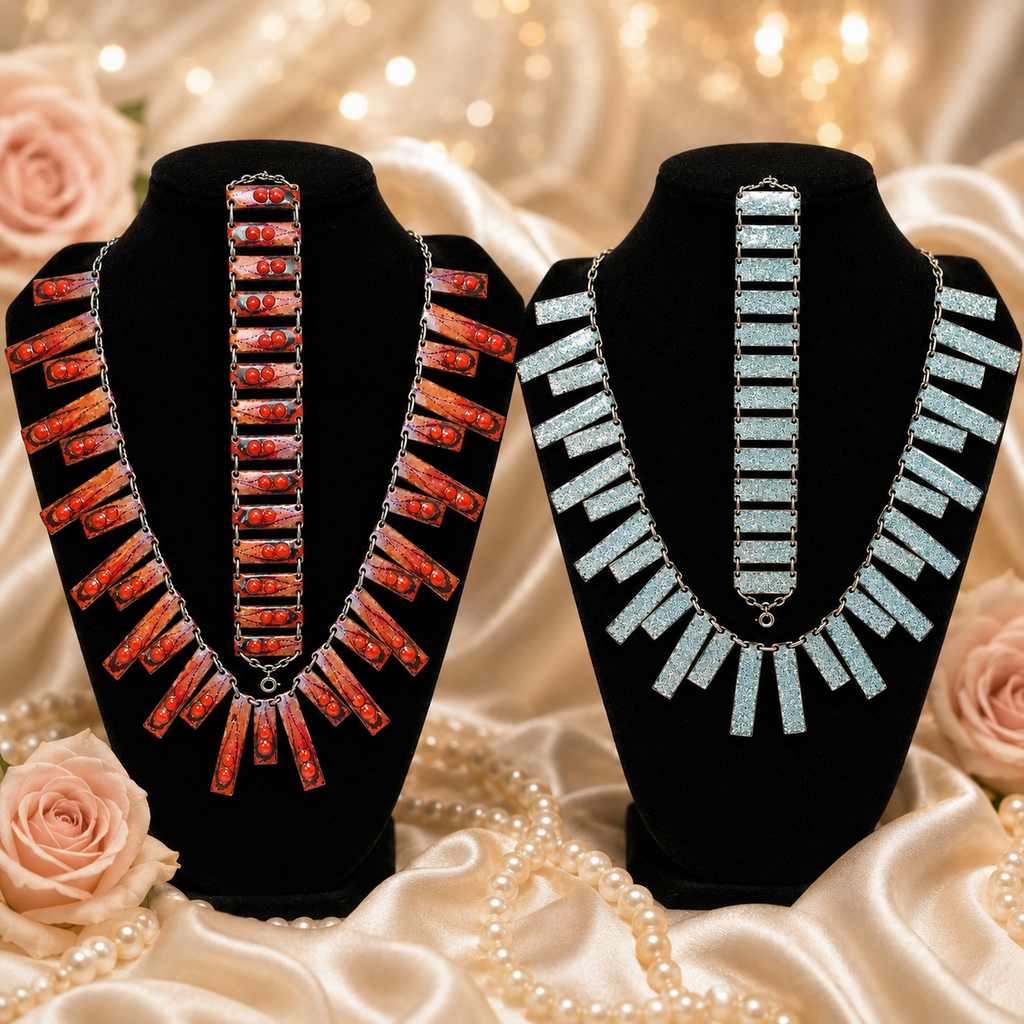 Vintage Reversible Red Blue Enamel Fringe Necklace Bracelet Set Egyptian Revival