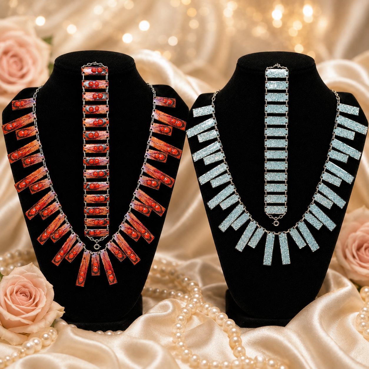 Vintage Reversible Red Blue Enamel Fringe Necklace Bracelet Set Egyptian Revival
