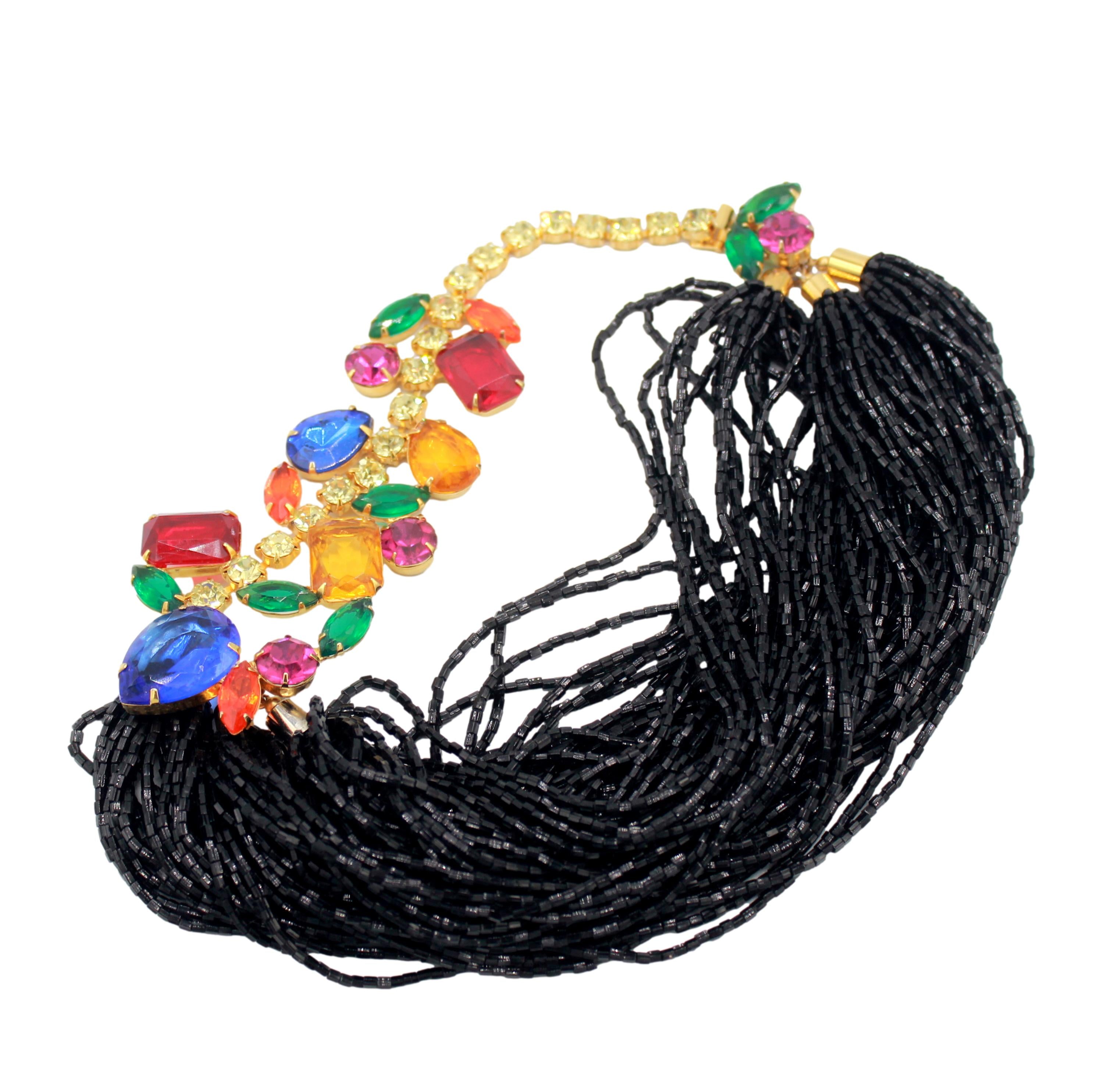 Vintage JULIANA Colorful Rhinestone Black Bugle Bead Statement Necklace IIJJ#8990