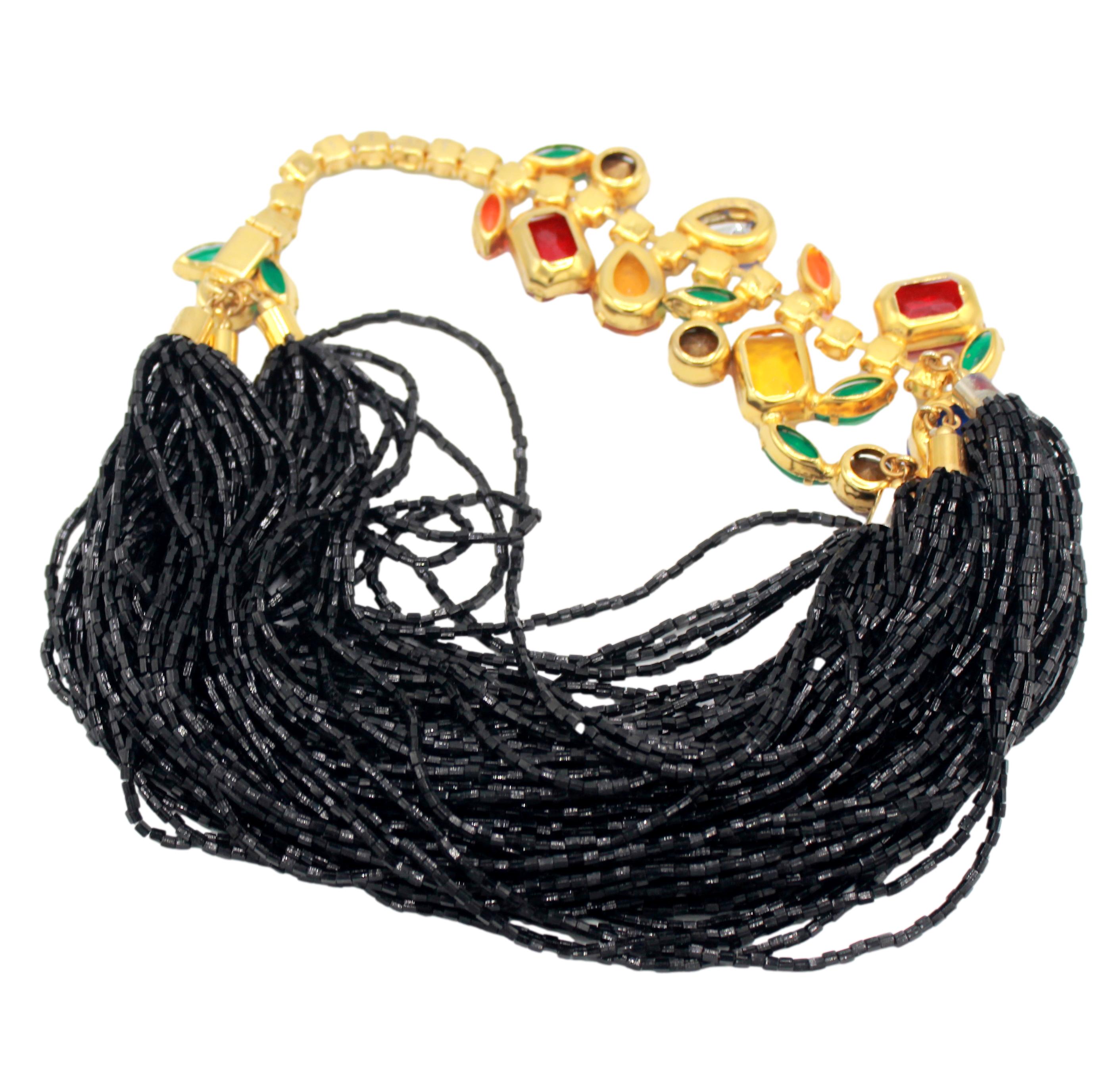 Vintage JULIANA Colorful Rhinestone Black Bugle Bead Statement Necklace IIJJ#8990