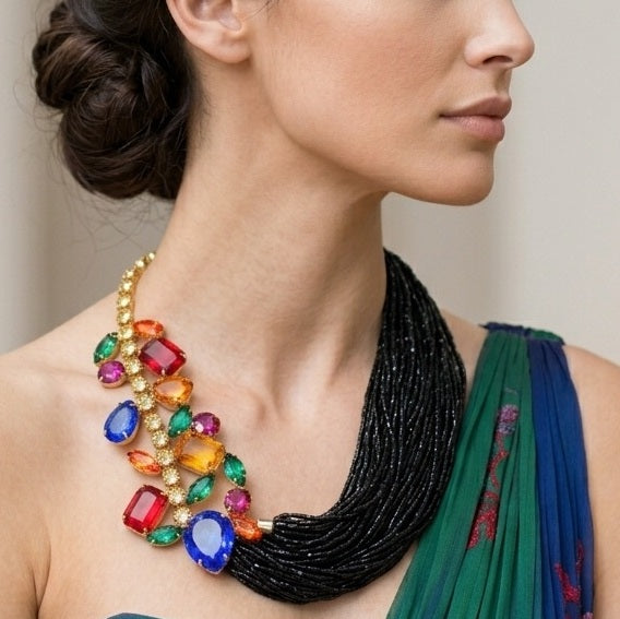 Vintage JULIANA Colorful Rhinestone Black Bugle Bead Statement Necklace IIJJ#8990