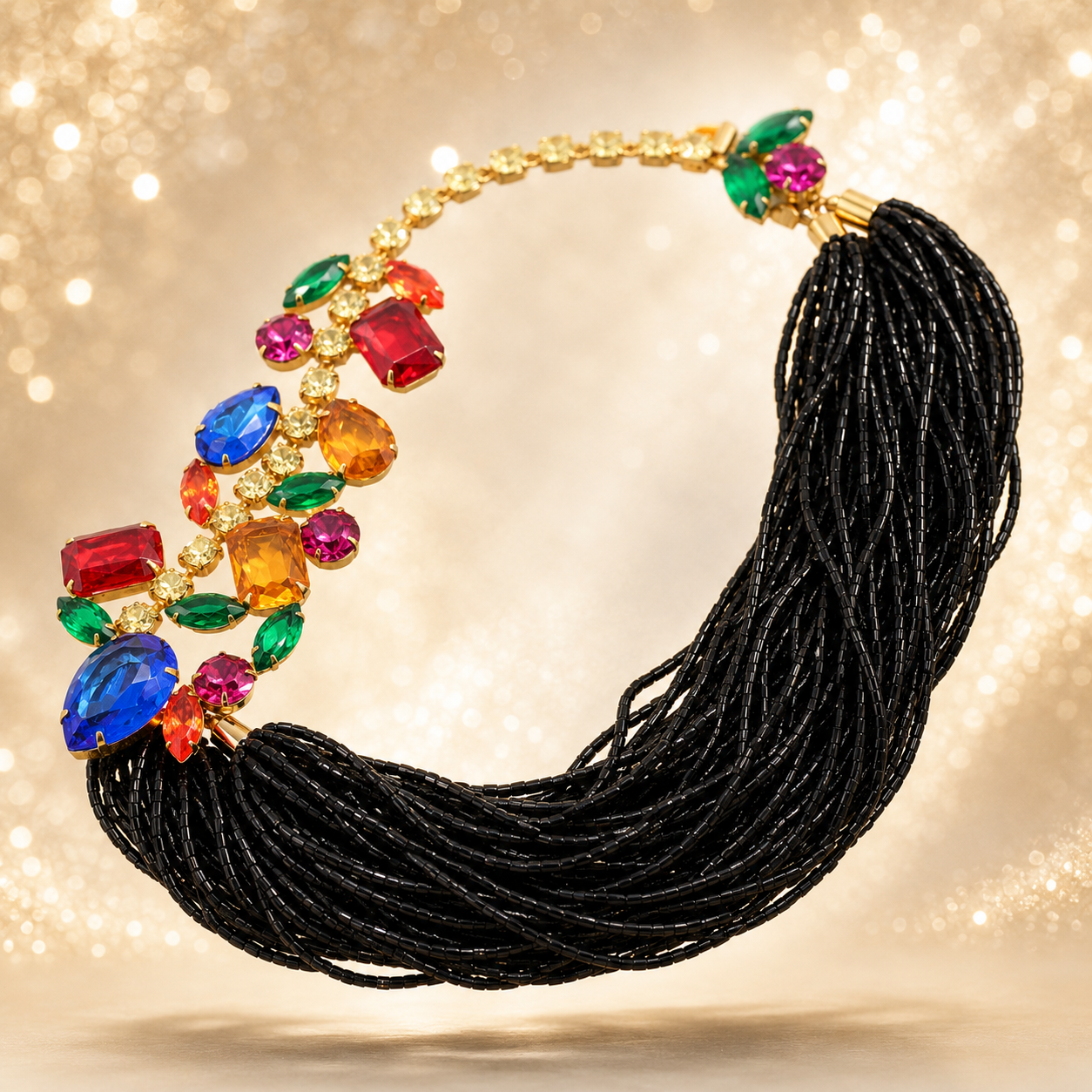 Vintage JULIANA Colorful Rhinestone Black Bugle Bead Statement Necklace IIJJ#8990