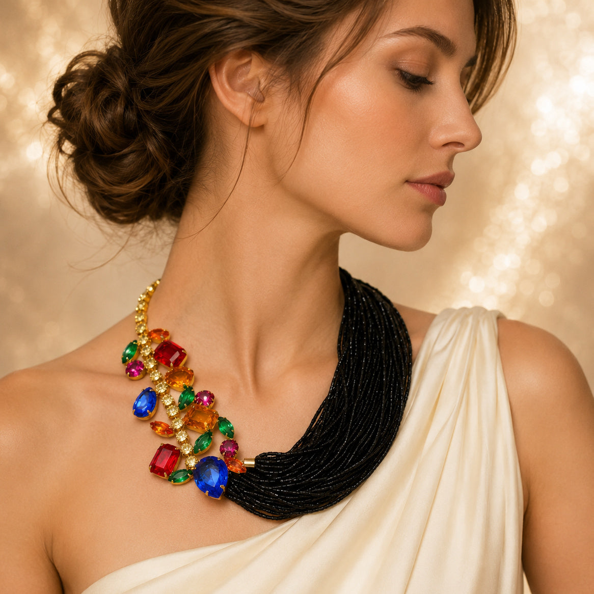 Vintage JULIANA Colorful Rhinestone Black Bugle Bead Statement Necklace IIJJ#8990