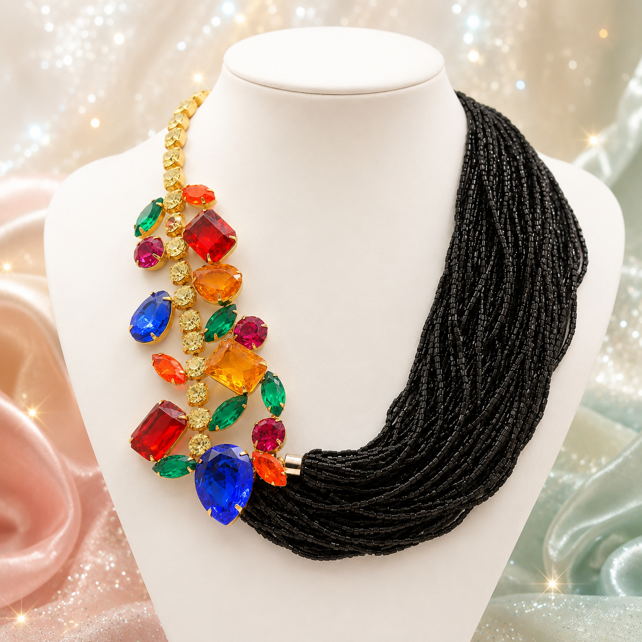 Vintage JULIANA Colorful Rhinestone Black Bugle Bead Statement Necklace IIJJ#8990