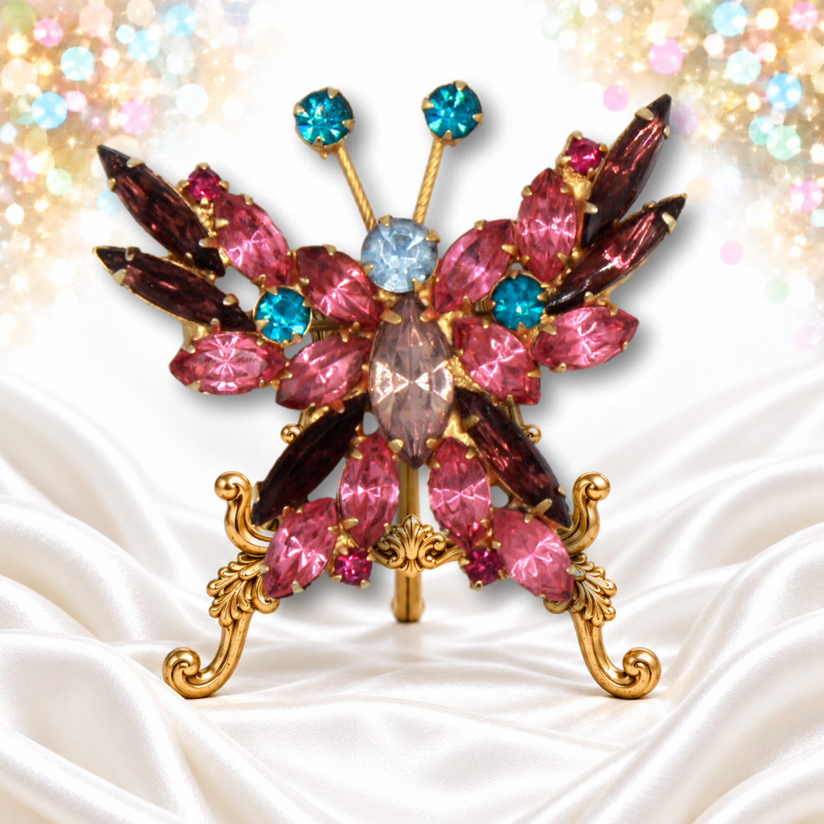 Pink and teal rhinestone butterfly brooch displayed on gold easel