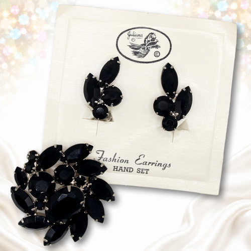 Authentic original-card Juliana black rhinestone brooch and matching clip earrings