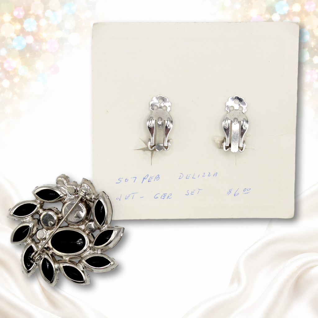 Reverse of black rhinestone brooch and Juliana earrings card showing clip backs