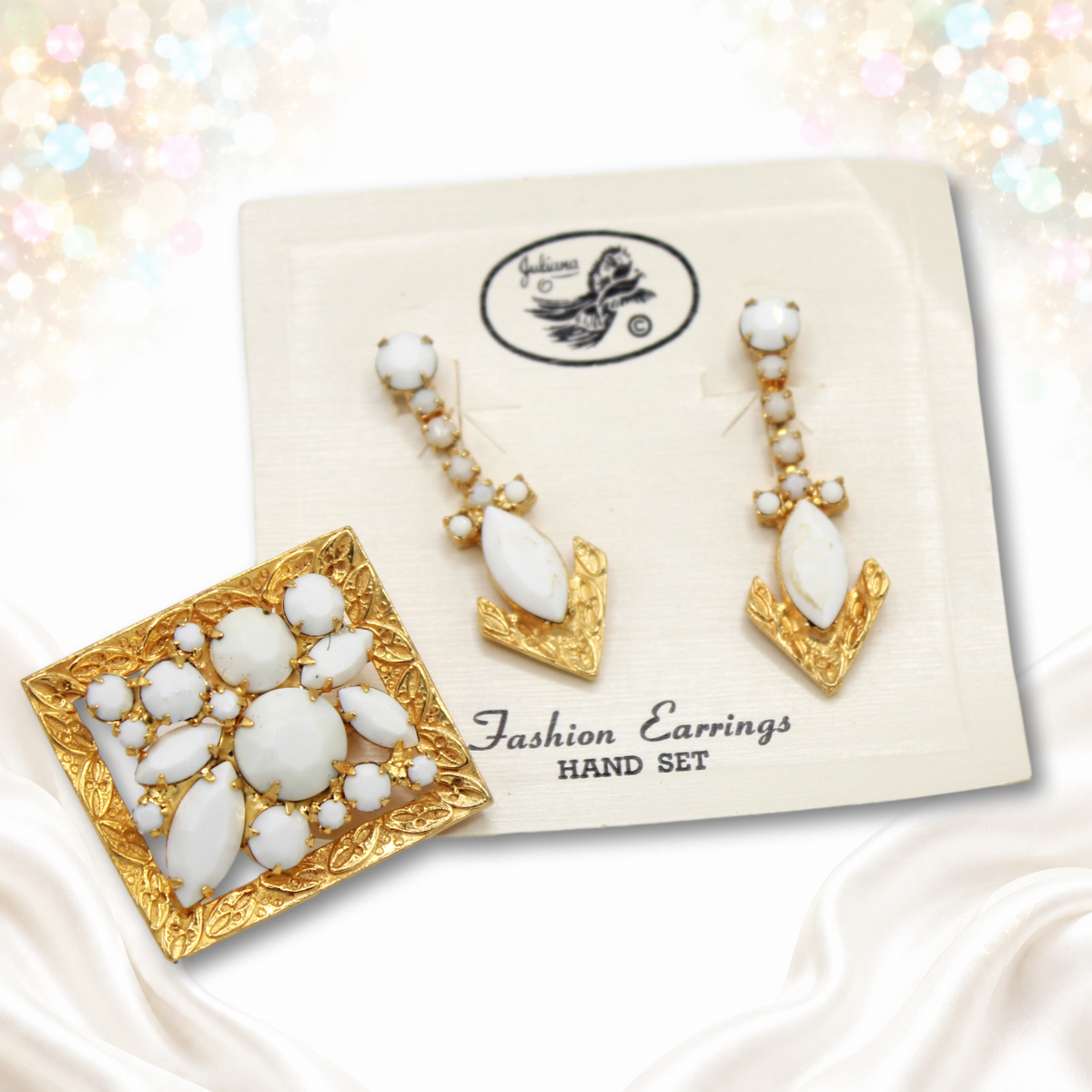 Vintage Juliana white milk glass brooch and carded dangle earrings front