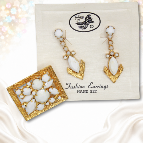Front view Juliana white milk glass rhinestone brooch and matching dangling earrings