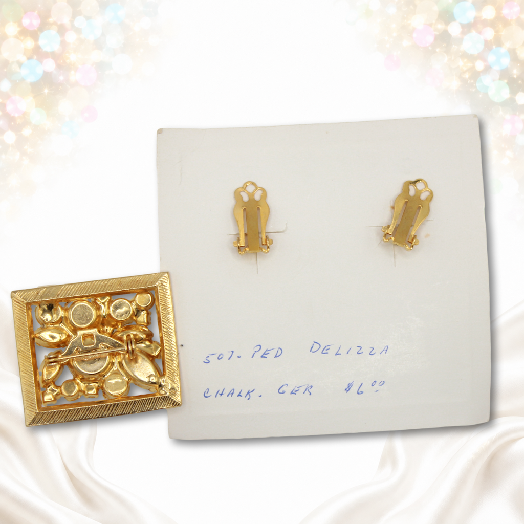 Back of brooch and Juliana earrings card with clip backs
