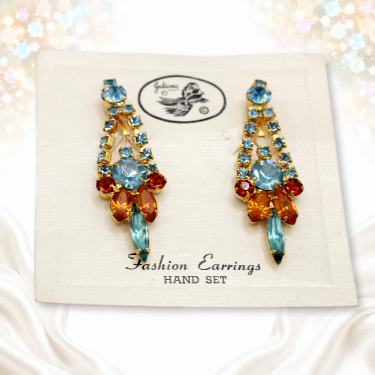 Second front view of carded Juliana rhinestone dangle earrings