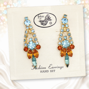 Vintage Juliana NOS Blue Topaz Rhinestone Dangle Clip Earrings IIJJ#3279