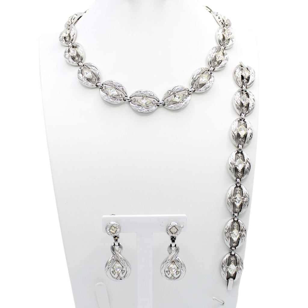 Vintage CROWN TRIFARI Clear Rhinestone Diamond Chunky Necklace Bracelet Earrings Set