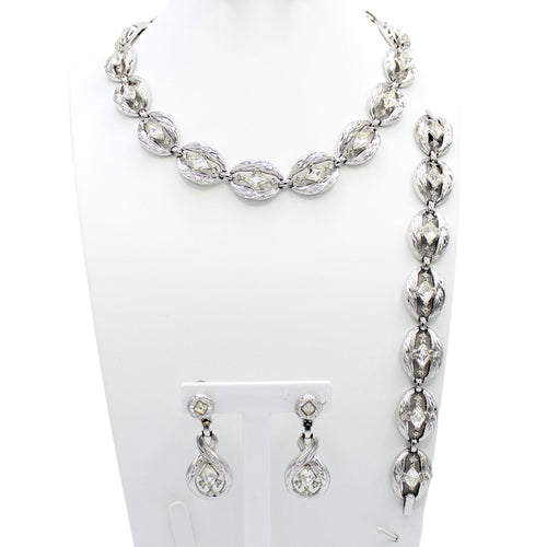 Vintage CROWN TRIFARI Clear Rhinestone Diamond Chunky Necklace Bracelet Earrings Set