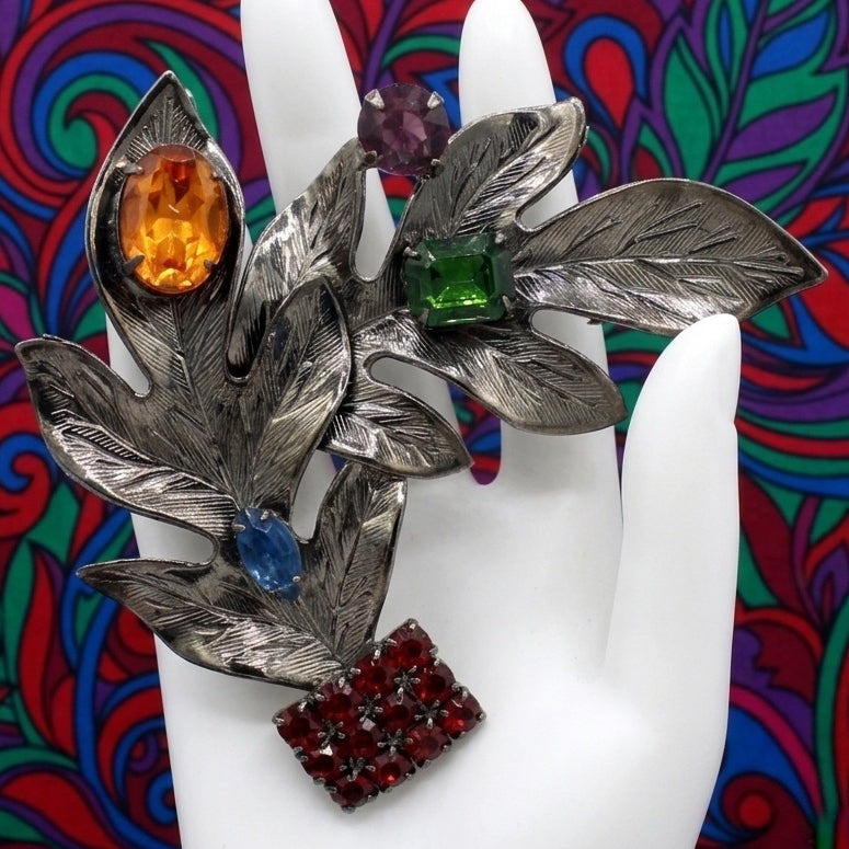Vintage JULIANA Colorful NOS Rhinestone Metal Figural Leaf Brooch IIJJ#8863