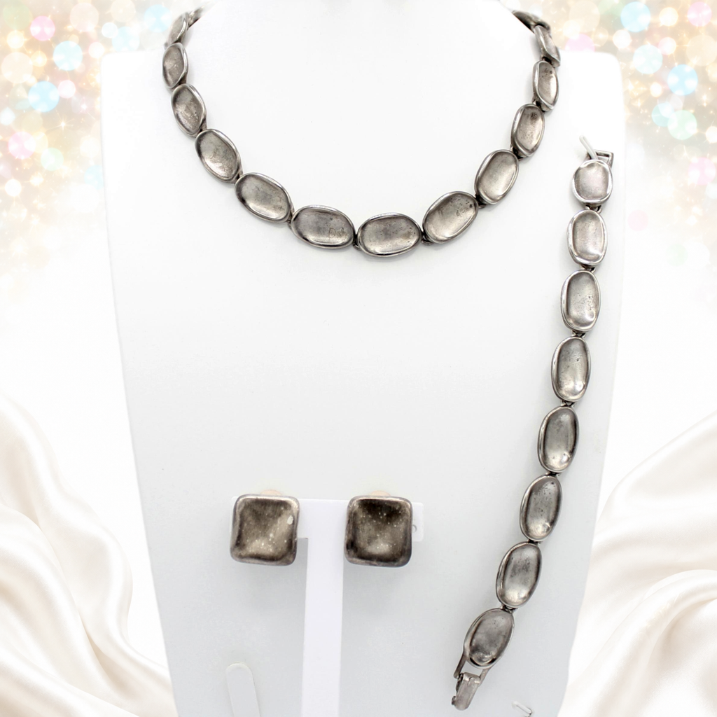 Vintage Modernist Abstract Silver Tone Necklace Bracelet Earrings Parure