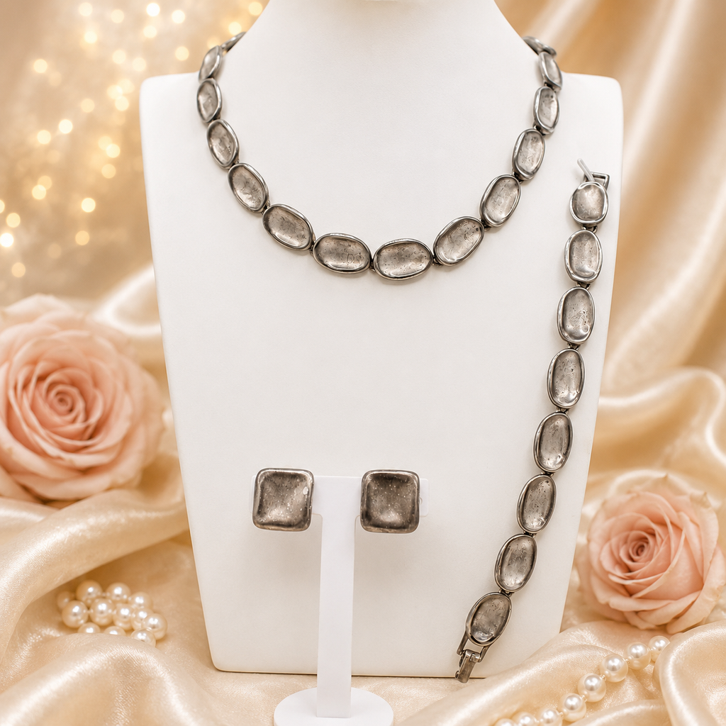 Vintage Modernist Abstract Silver Tone Necklace Bracelet Earrings Parure