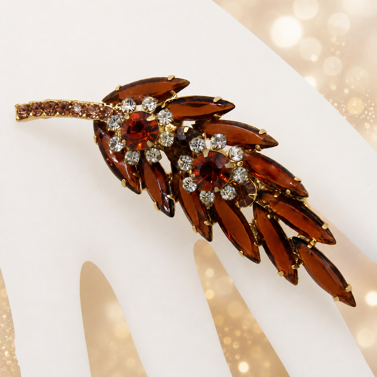 Vintage Juliana Topaz Rhinestone Leaf Brooch IIJJ#9259