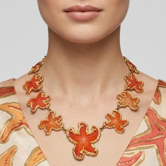 Vintage JULIANA Orange Figural Framed Lucite Starfish Collar Necklace IIJJ#6731