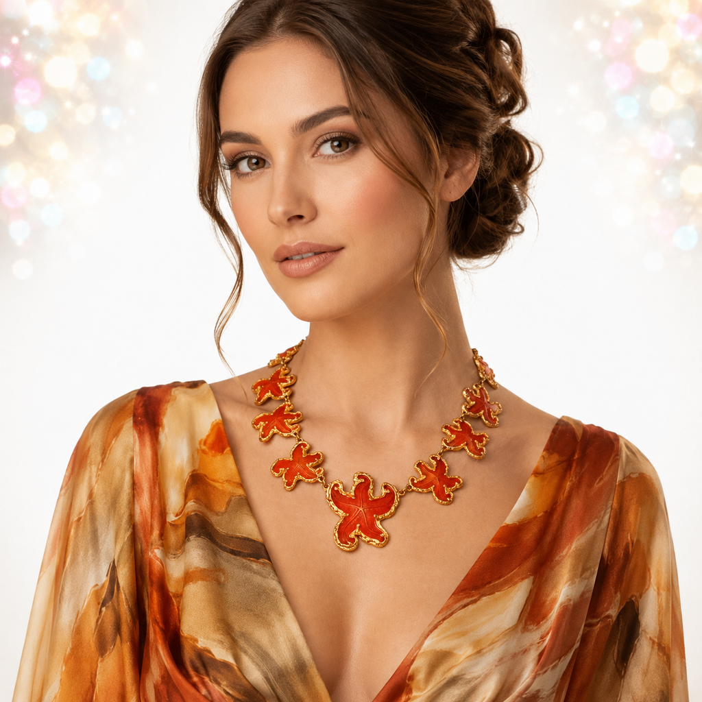 Vintage JULIANA Orange Figural Framed Lucite Starfish Collar Necklace IIJJ#6731
