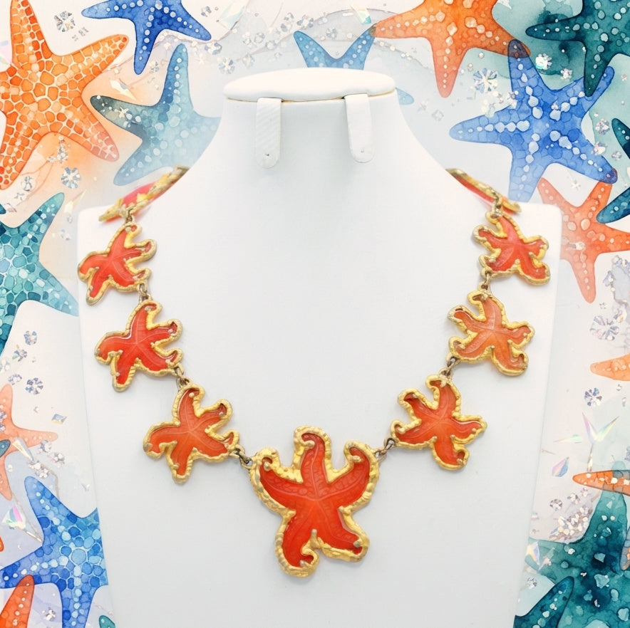 Vintage JULIANA Orange Figural Framed Lucite Starfish Collar Necklace IIJJ#6731