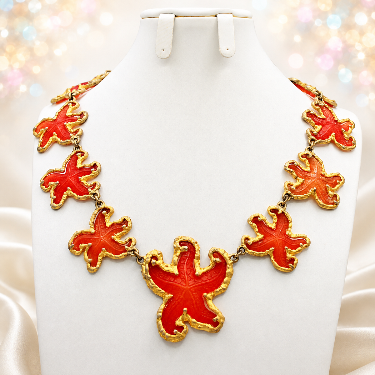 Vintage JULIANA Orange Figural Framed Lucite Starfish Collar Necklace IIJJ#6731